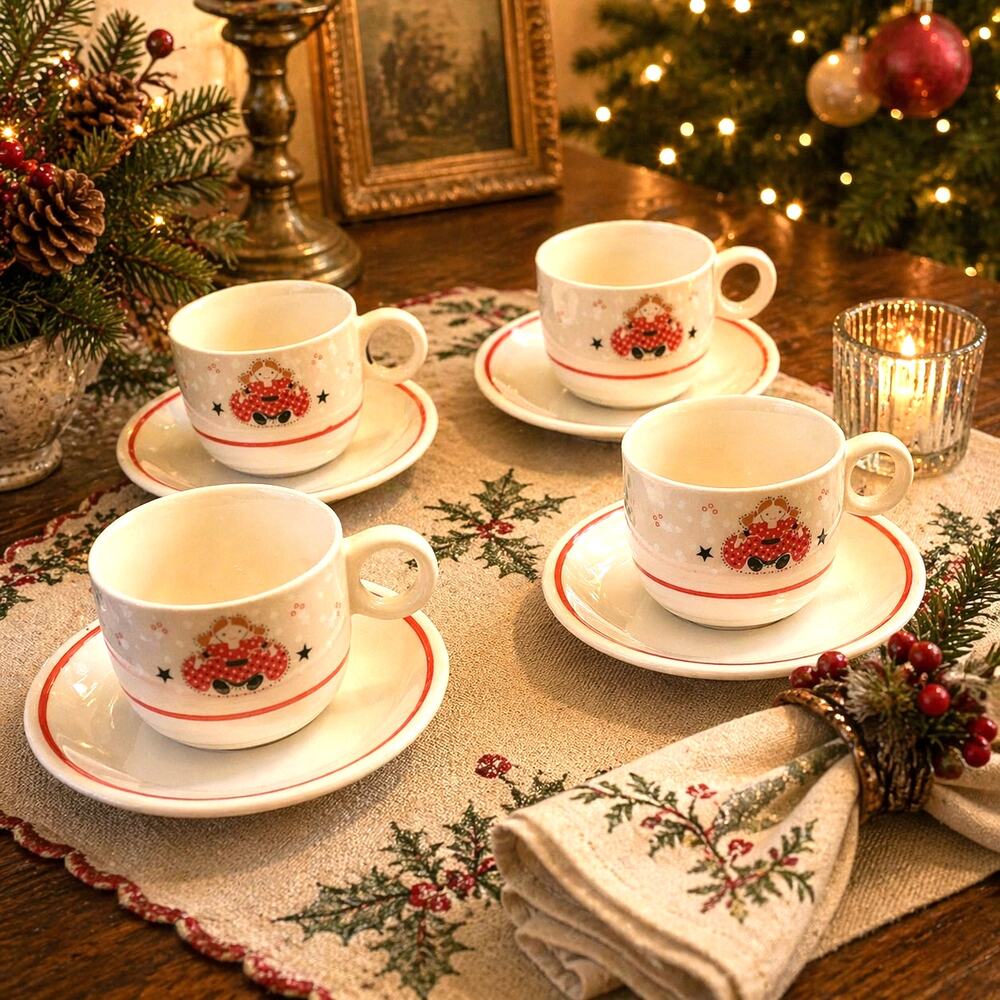 Vtg Noritake Epoch "Holiday Joy" 4 Christmas Coffee Cups with Saucers 1980